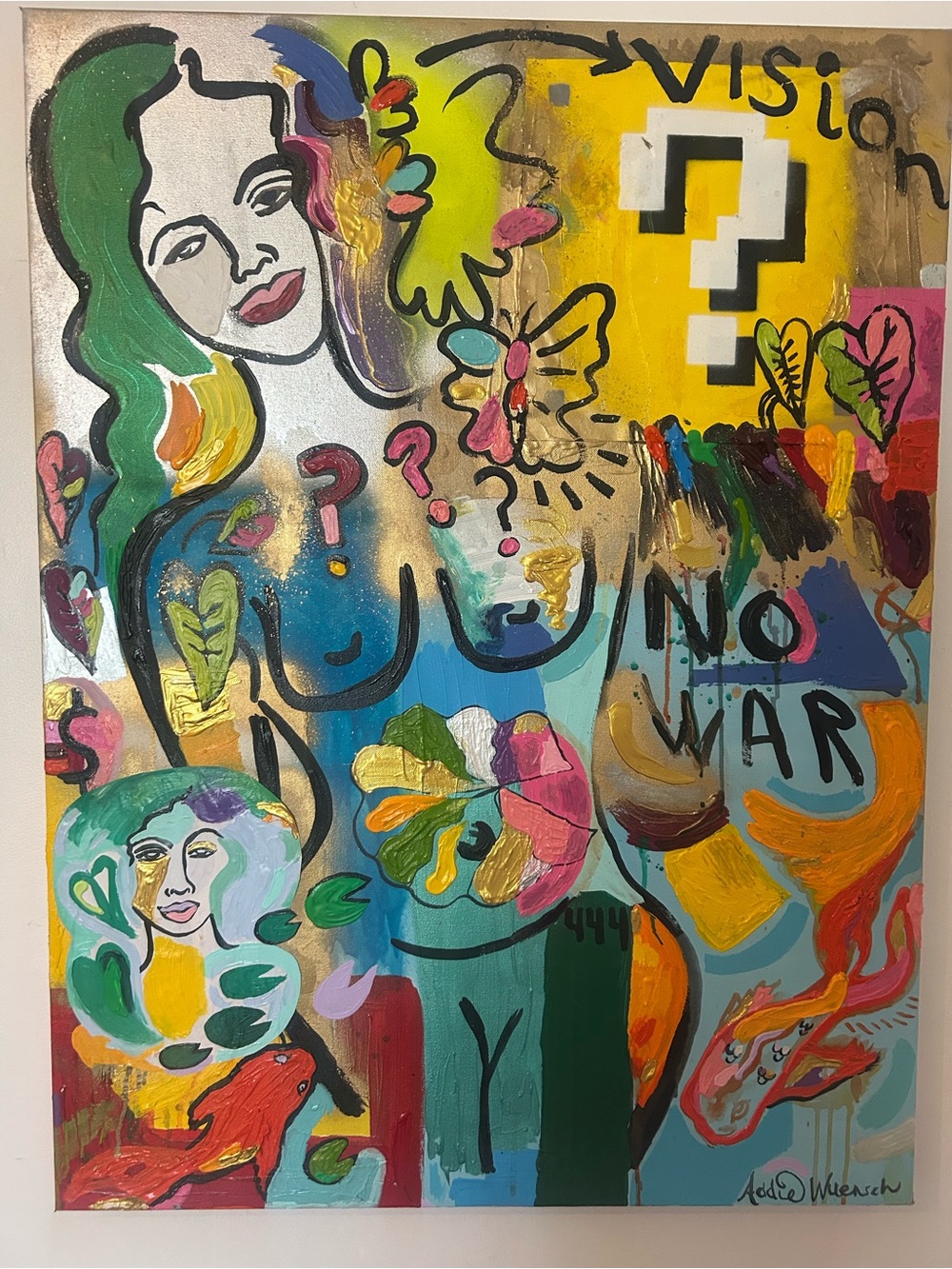 Abstract Pop Art Canvas Painting - "No War" Statement by Addie Wuensch